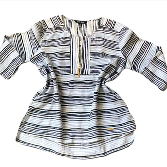 Ellen Tracy Striped Linen Tunic Top 1/2 Zip Tassel Blue & White Sz L #43N - Picture 1 of 9